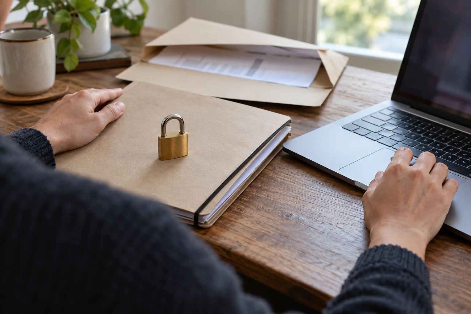 Eine geschlossene Portfolio-Mappe mit Vorhängeschloss neben einem Laptop als Bild für den sorgfältigen Umgang mit Finanzdaten.