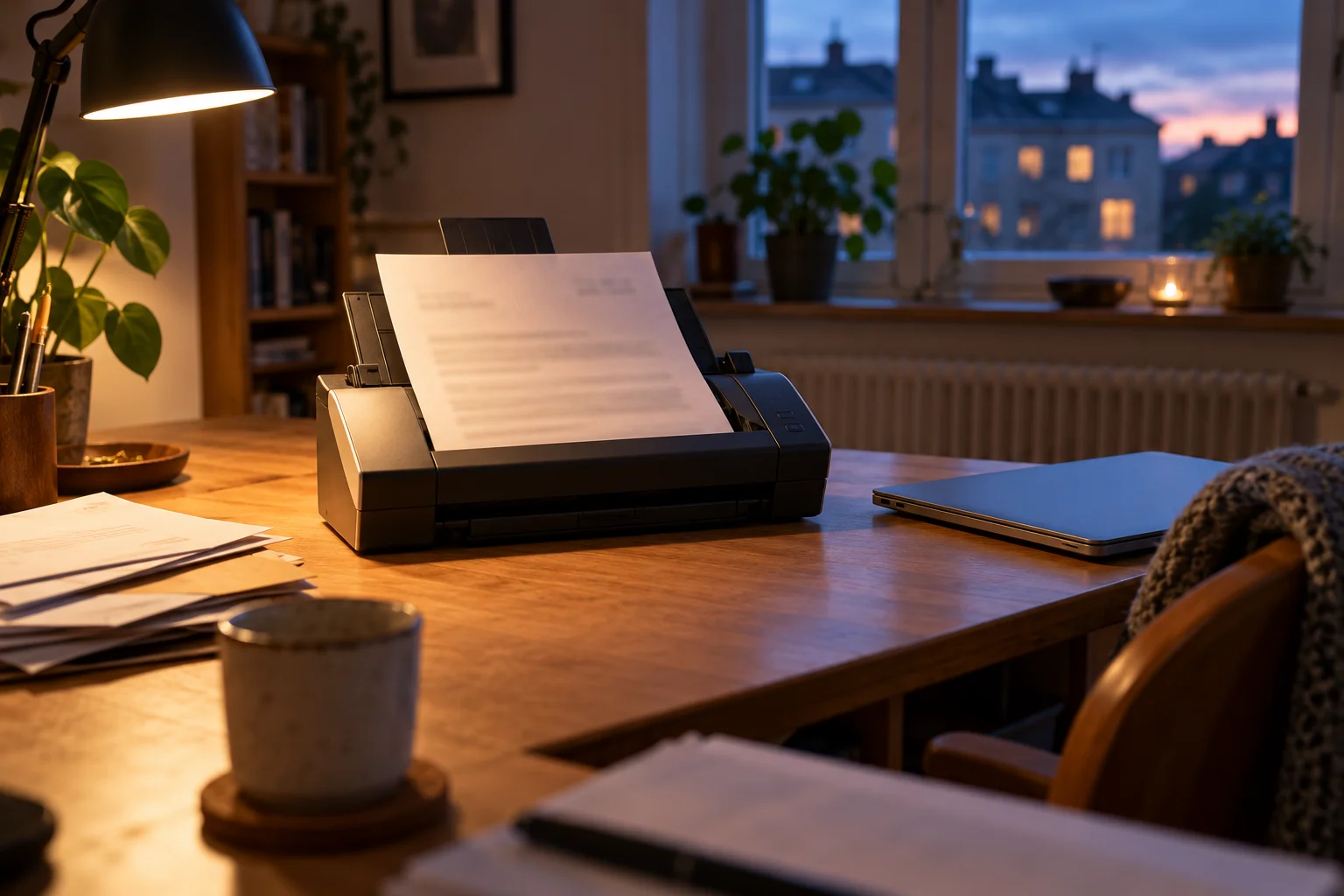 A paper capital account statement being fed into a small desktop document scanner on a home office desk in evening light.
