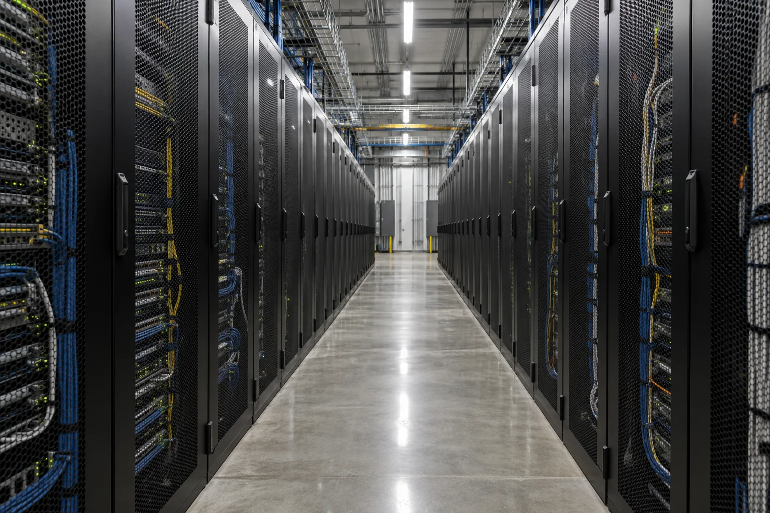 Rows of server racks in a data centre aisle, lit by cool overhead light, seen from the end of the corridor.