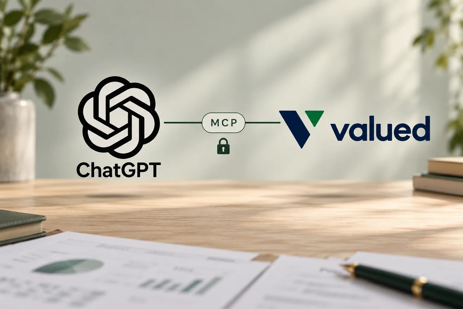 ChatGPT- und Valued-Logo, verbunden durch eine mit MCP bezeichnete Linie, über Portfolio-Unterlagen auf einem Schreibtisch.