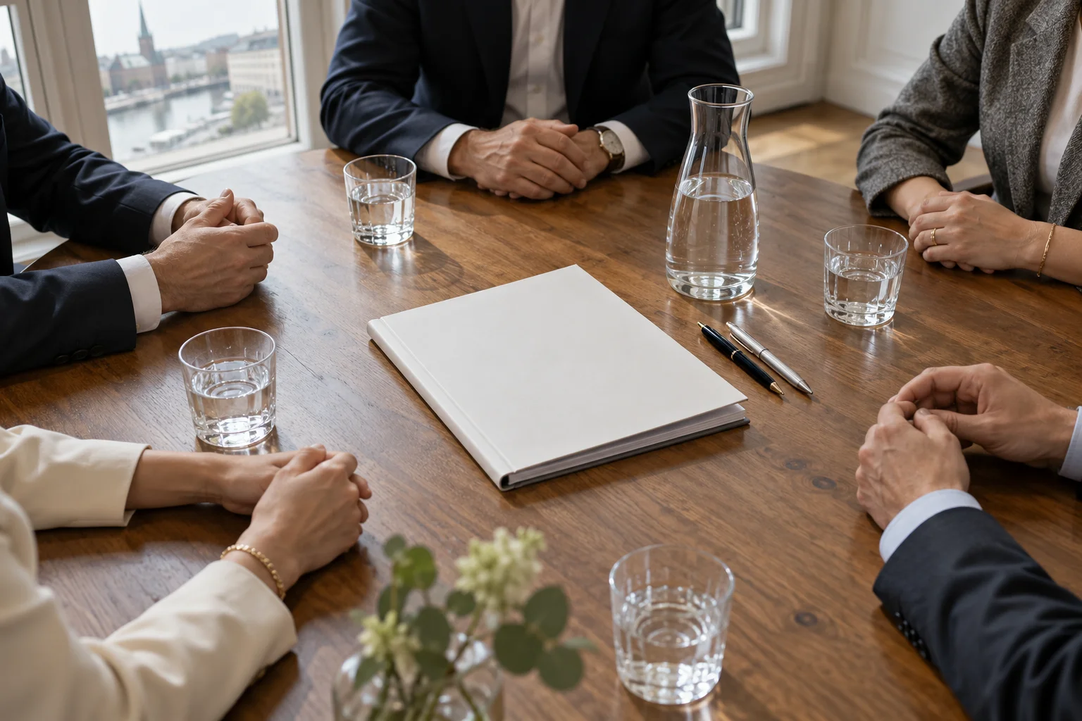 Several people's hands around a conference table with a single unsigned contract and pens in the middle, seen from above.