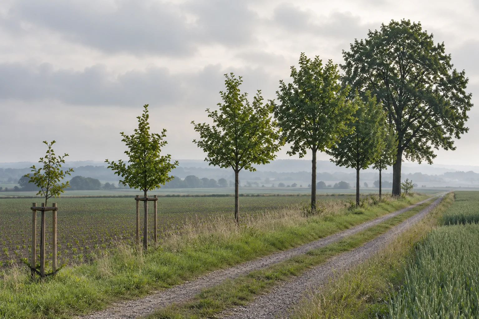 A row of young trees of different heights planted along a field path, the tallest at the far end, under an overcast sky.