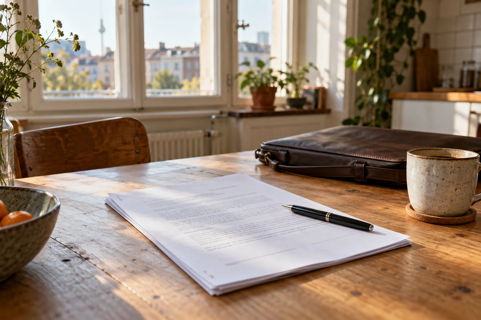 A signed loan agreement of a few pages on a kitchen table next to a laptop bag and a cup of coffee in morning light.