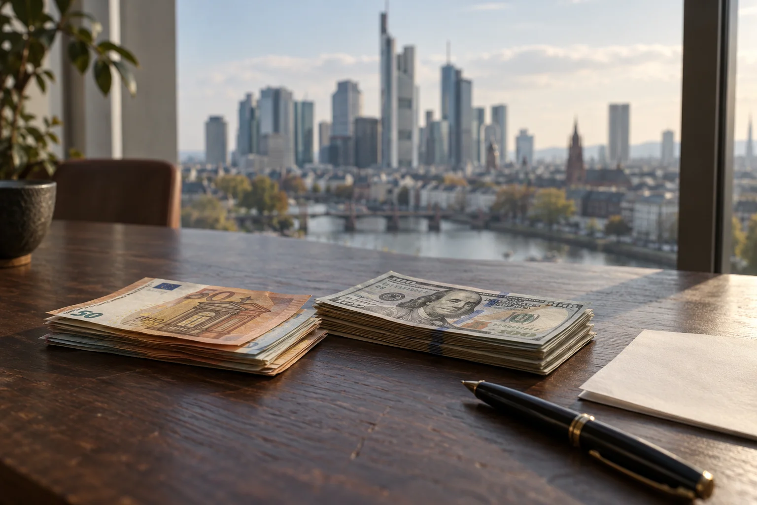 Euro and US dollar banknotes lying side by side on a dark wooden table next to a fountain pen and a folded letter.