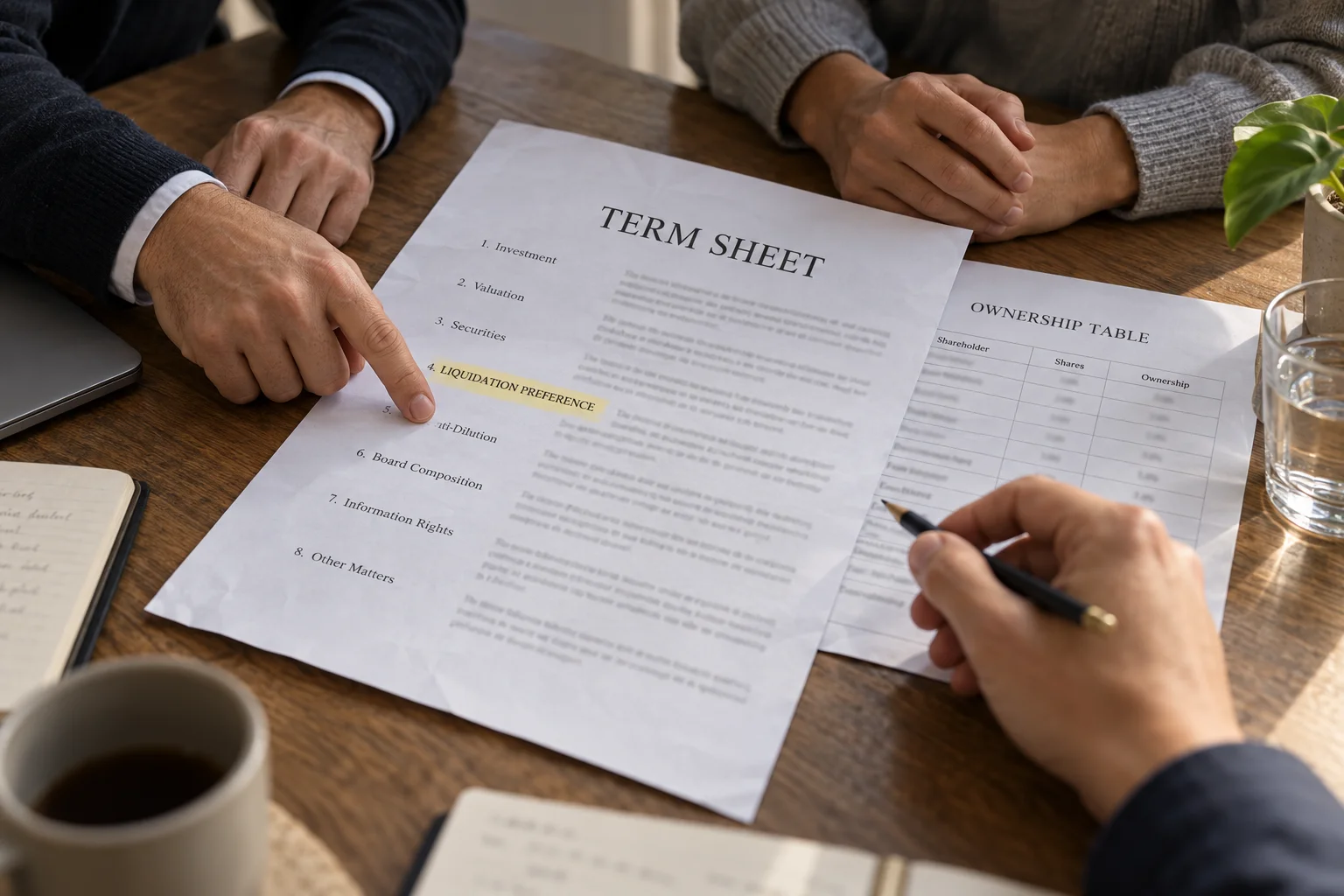 Anleger prüfen ein Term Sheet mit markierter Liquidationspräferenz in einer Finanzierungsbesprechung.