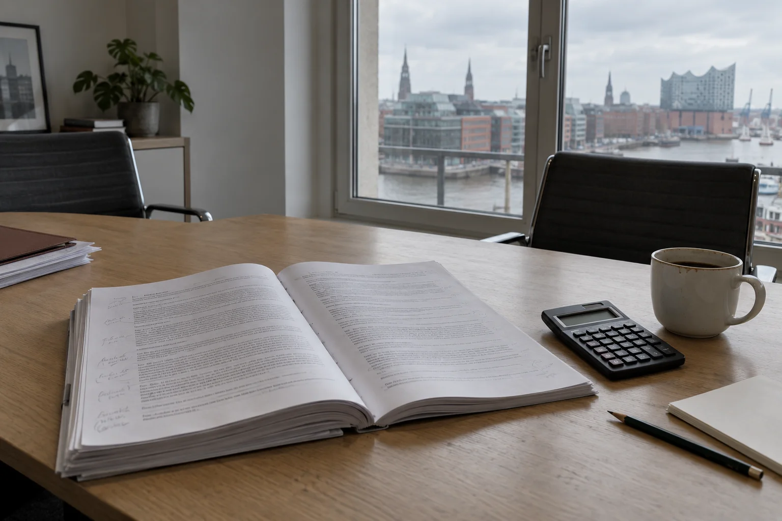 A shareholder agreement with handwritten margin notes lies open on a meeting table next to a pocket calculator.