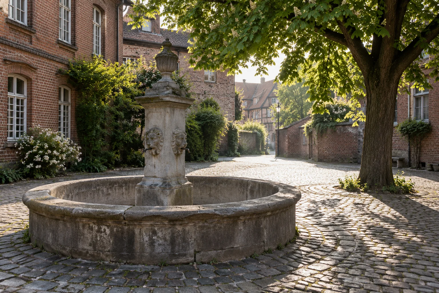 A dry stone fountain in a quiet courtyard of an old northern German town in early summer light, its basin empty.