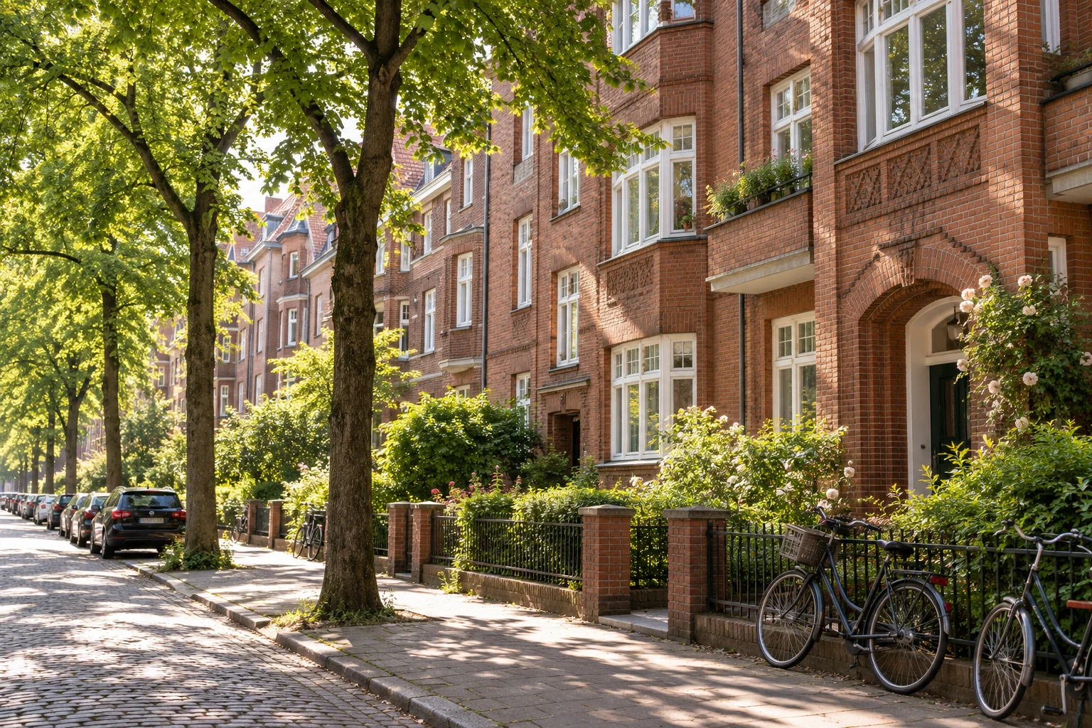 A row of brick apartment buildings on a Hamburg street in early summer light, seen from the pavement.