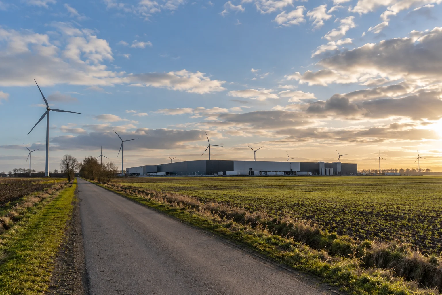 A wind farm and a logistics building in flat northern German countryside under a wide sky, seen from a country road.
