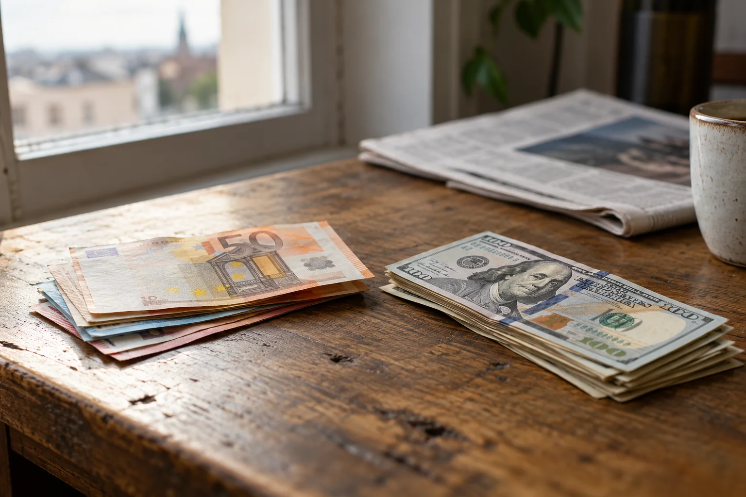 Euro and US dollar banknotes lying side by side on a wooden desk next to a folded newspaper in daylight.