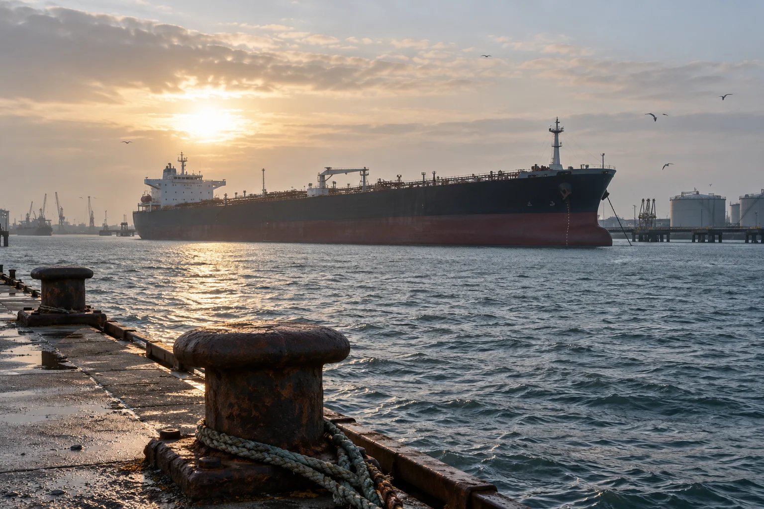 An oil tanker at anchor on a grey sea in morning light, seen from a quay with bollards in the foreground.