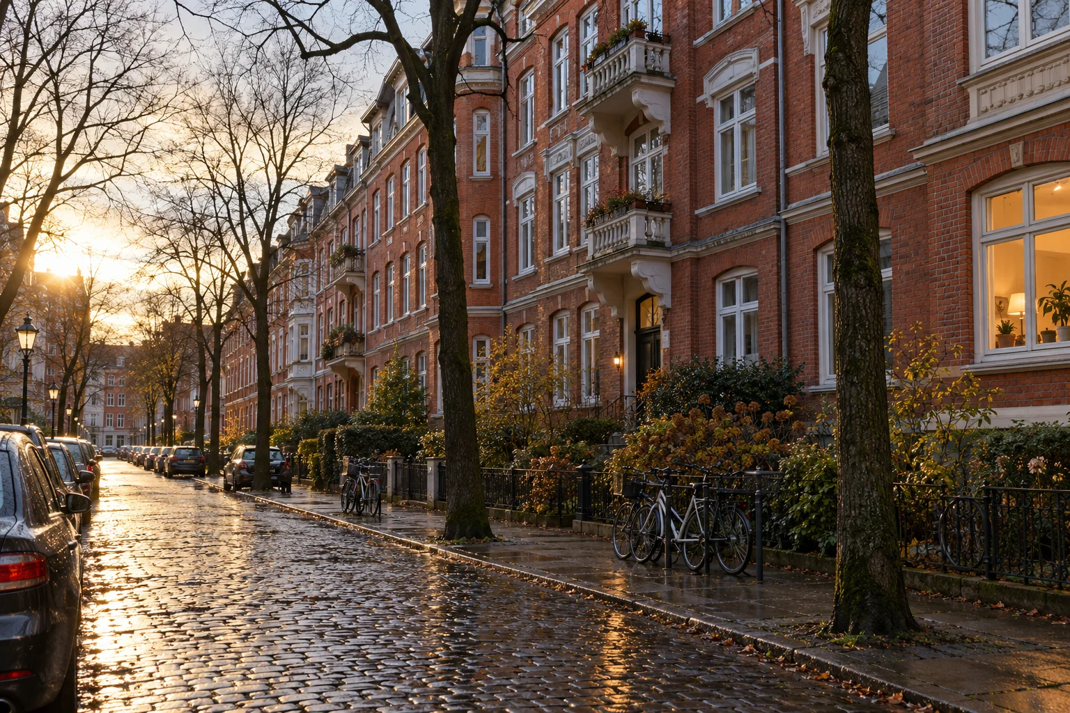 Eine Reihe von Backstein-Mehrfamilienhäusern aus dem frühen 20. Jahrhundert an einer ruhigen deutschen Straße im Winterlicht.