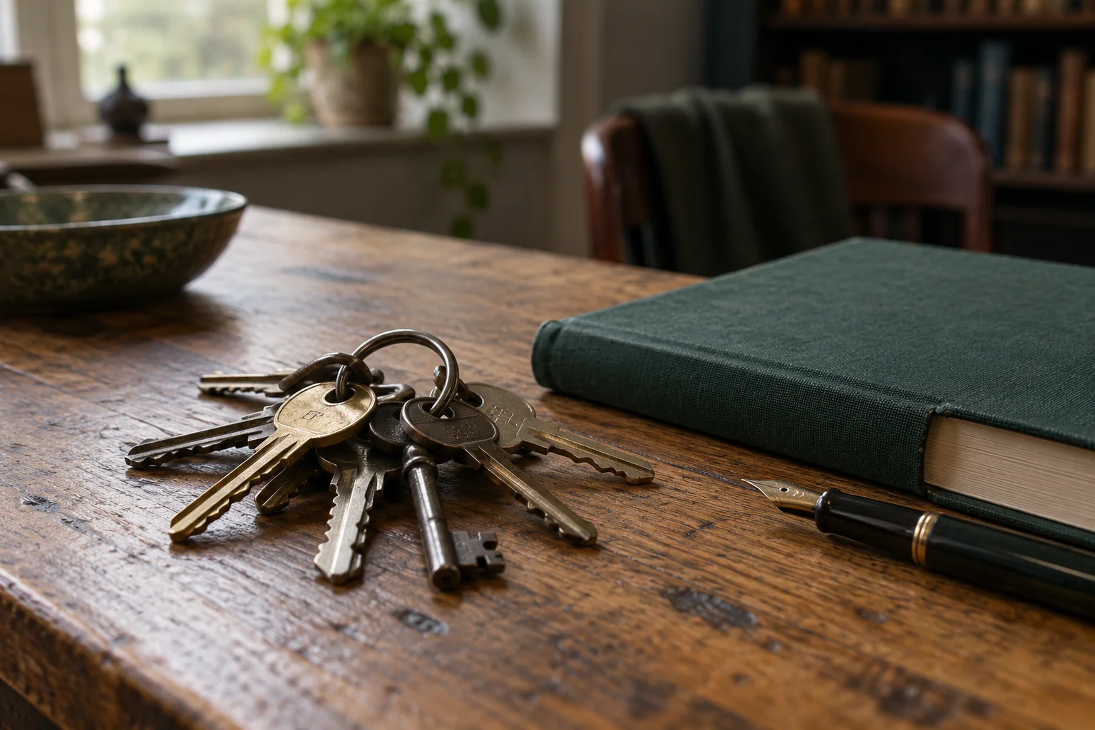 A bunch of different keys on a steel ring lying on a wooden table next to a closed notebook.