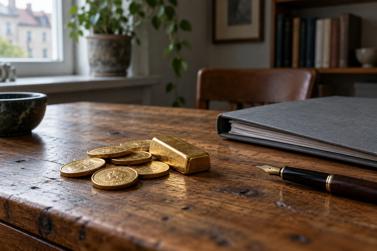 Einige Goldmünzen und ein kleiner Goldbarren liegen bei Tageslicht auf einem Holzschreibtisch neben einer Mappe mit Unterlagen.
