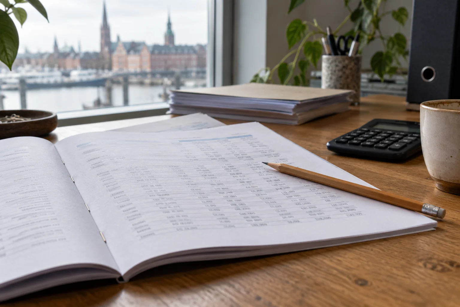 A printed fund report with columns of figures on a wooden desk, a pencil and a pocket calculator beside it in daylight.