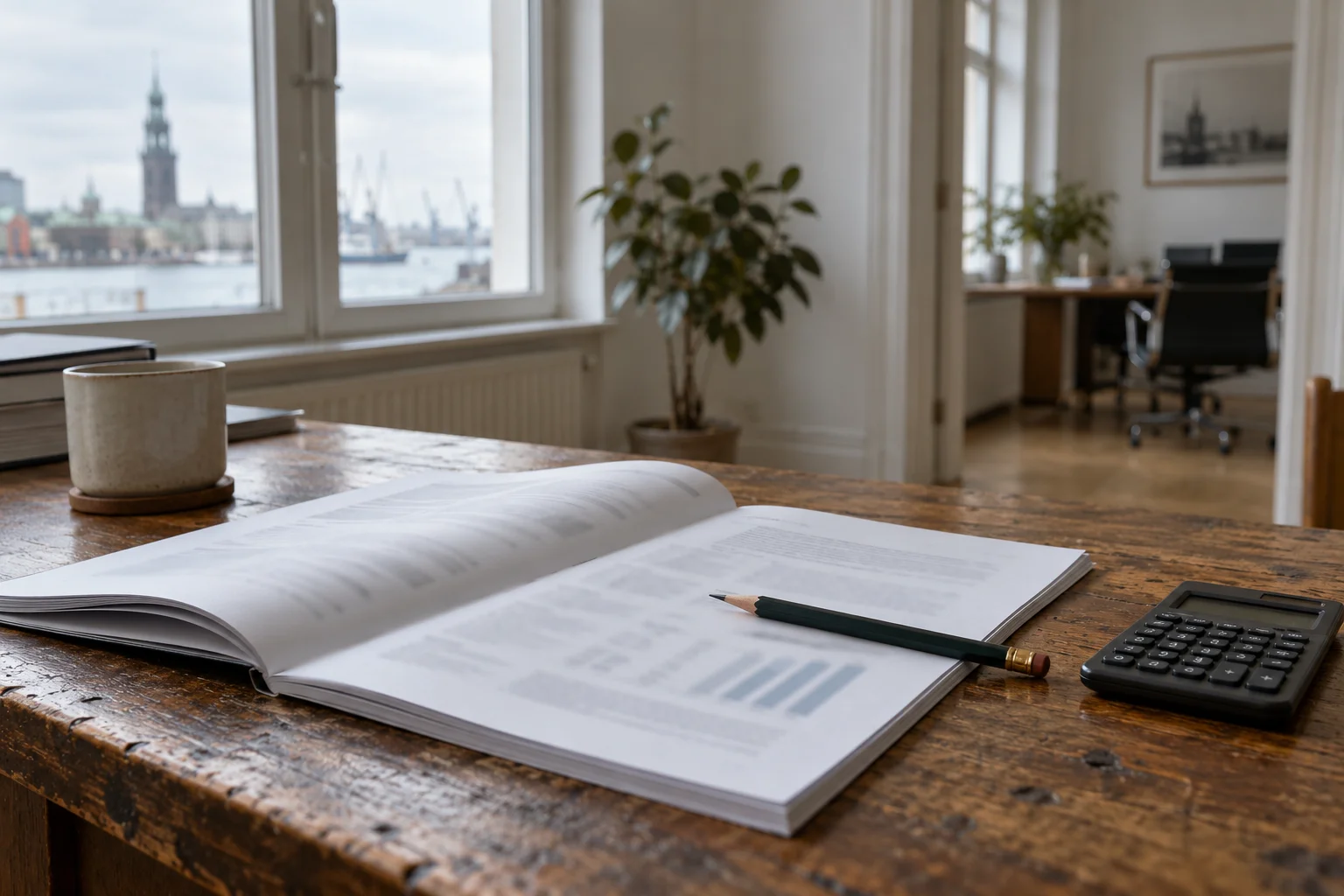 A printed quarterly fund report on a wooden desk with a pencil and a pocket calculator beside it, in daylight from a window.