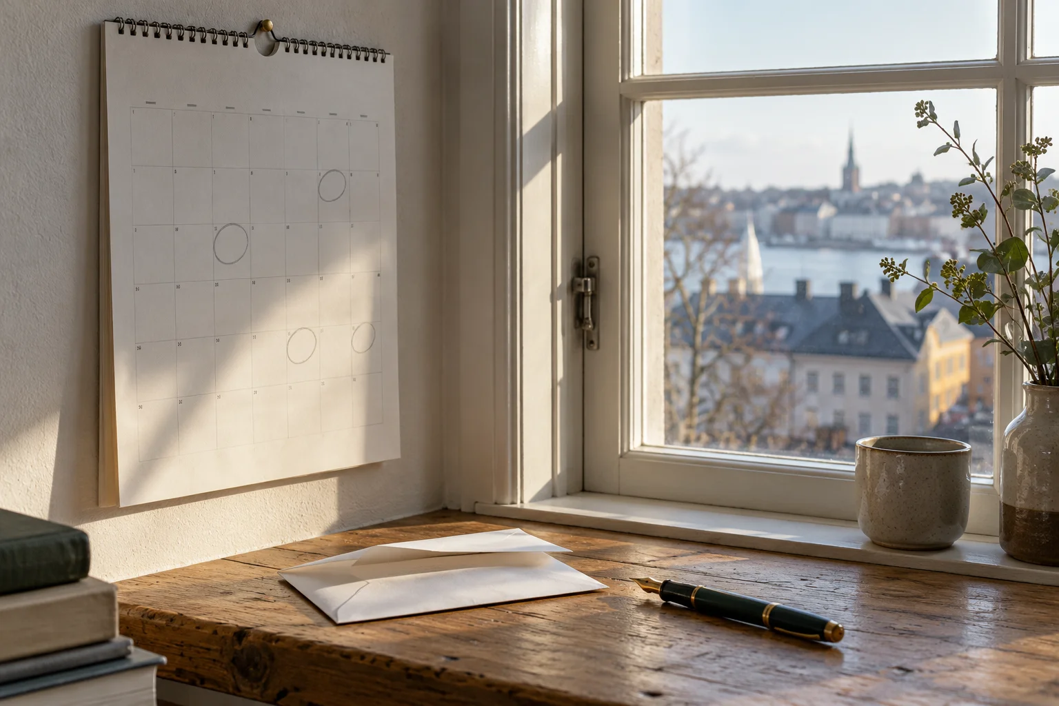 A paper wall calendar with handwritten marks hanging beside a window, an opened envelope and a fountain pen on the sill below it.