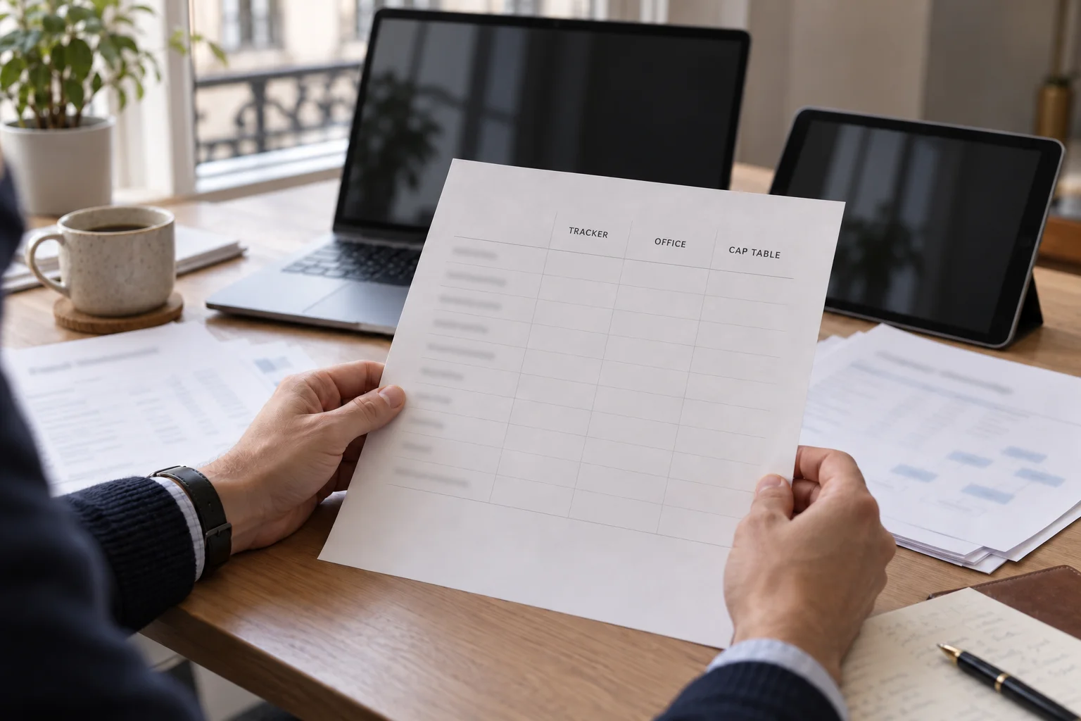 Ein Anleger vergleicht Portfolio-Werkzeuge anhand von Laptop, Tablet und einer gedruckten Checkliste.