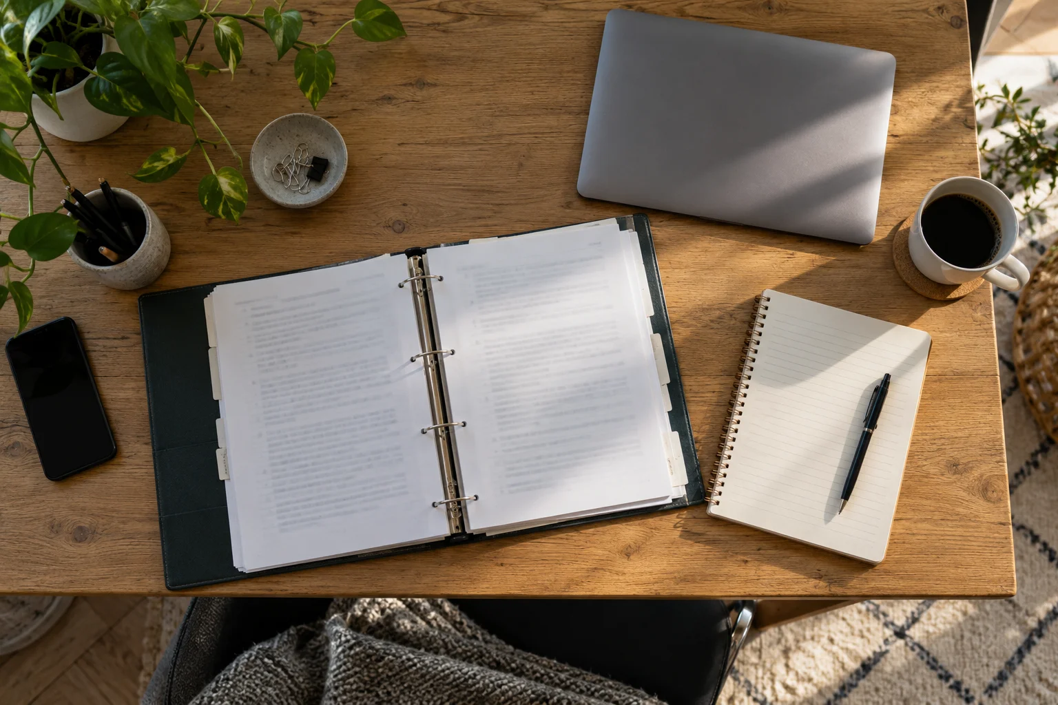 A desk seen from above with an open ring binder of letters, a closed laptop, a notebook with a pen and a cup of coffee.