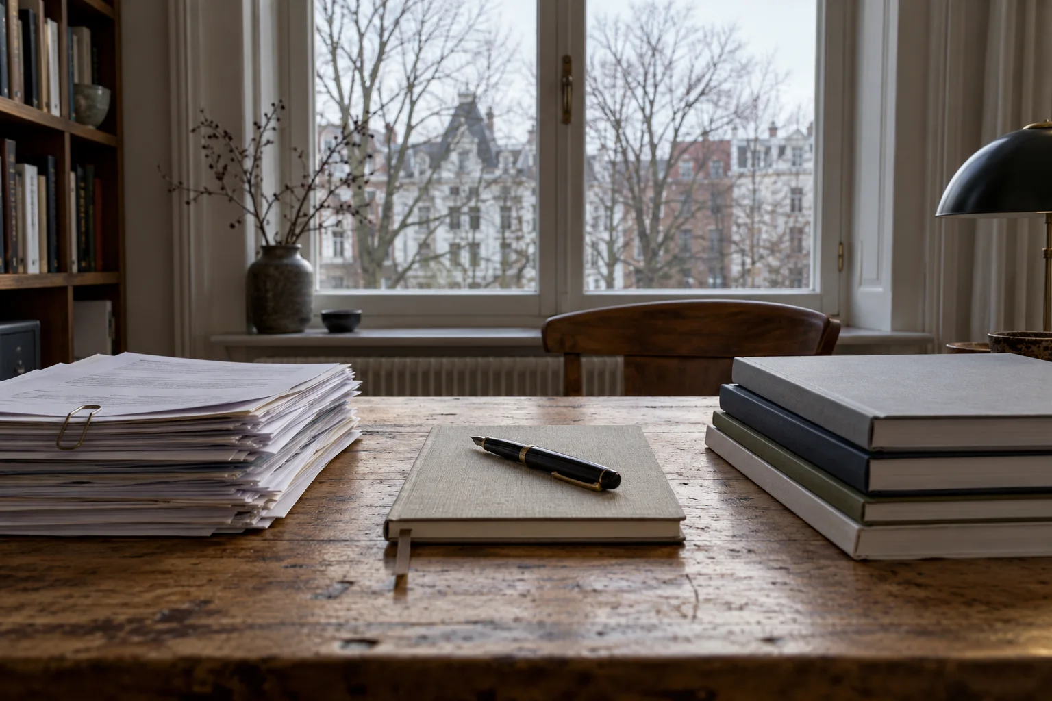 Two stacks of paper on one desk, bank depot statements on the left and bound fund reports on the right, with a single notebook between them.