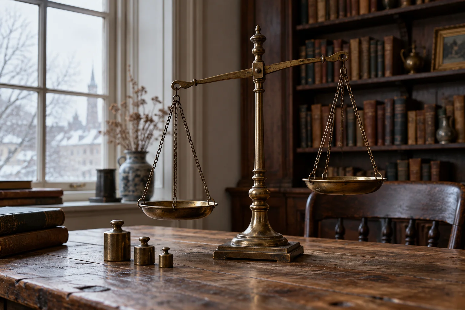 An old brass balance scale on a wooden table by a window, one pan slightly lower than the other.