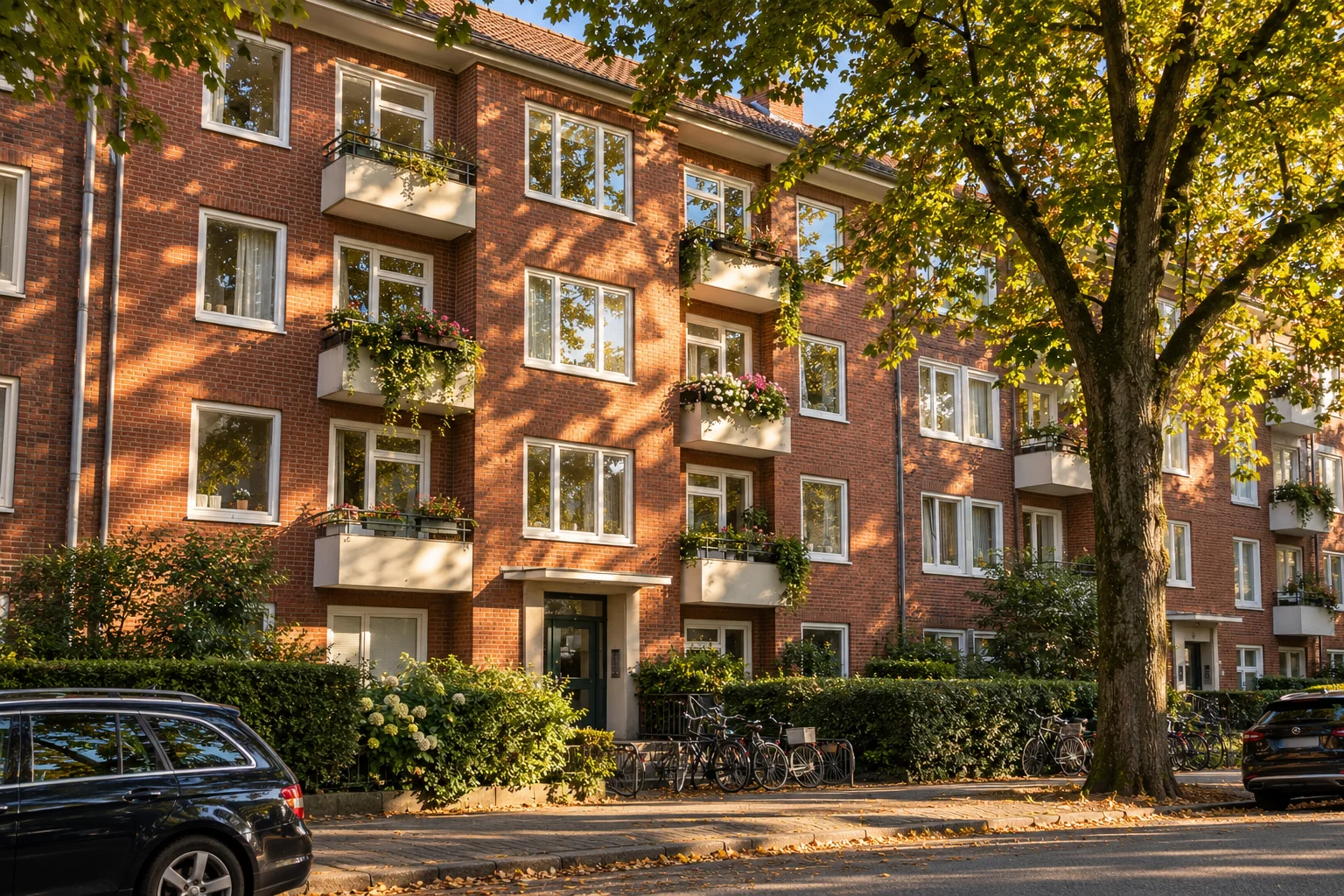 Die Backsteinfassade eines viergeschossigen Hamburger Mehrfamilienhauses aus den 1950er-Jahren mit weißen Fensterrahmen und Balkonen im Nachmittagslicht.