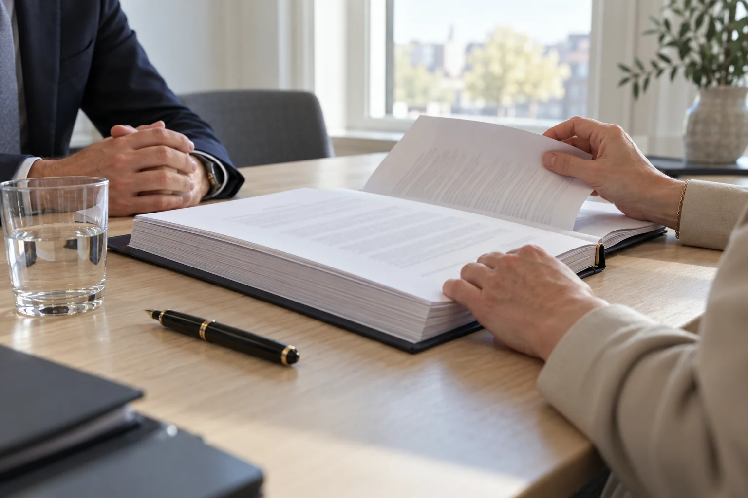 Two people at a table in an office going through a thick bound contract, only their hands and the papers visible.