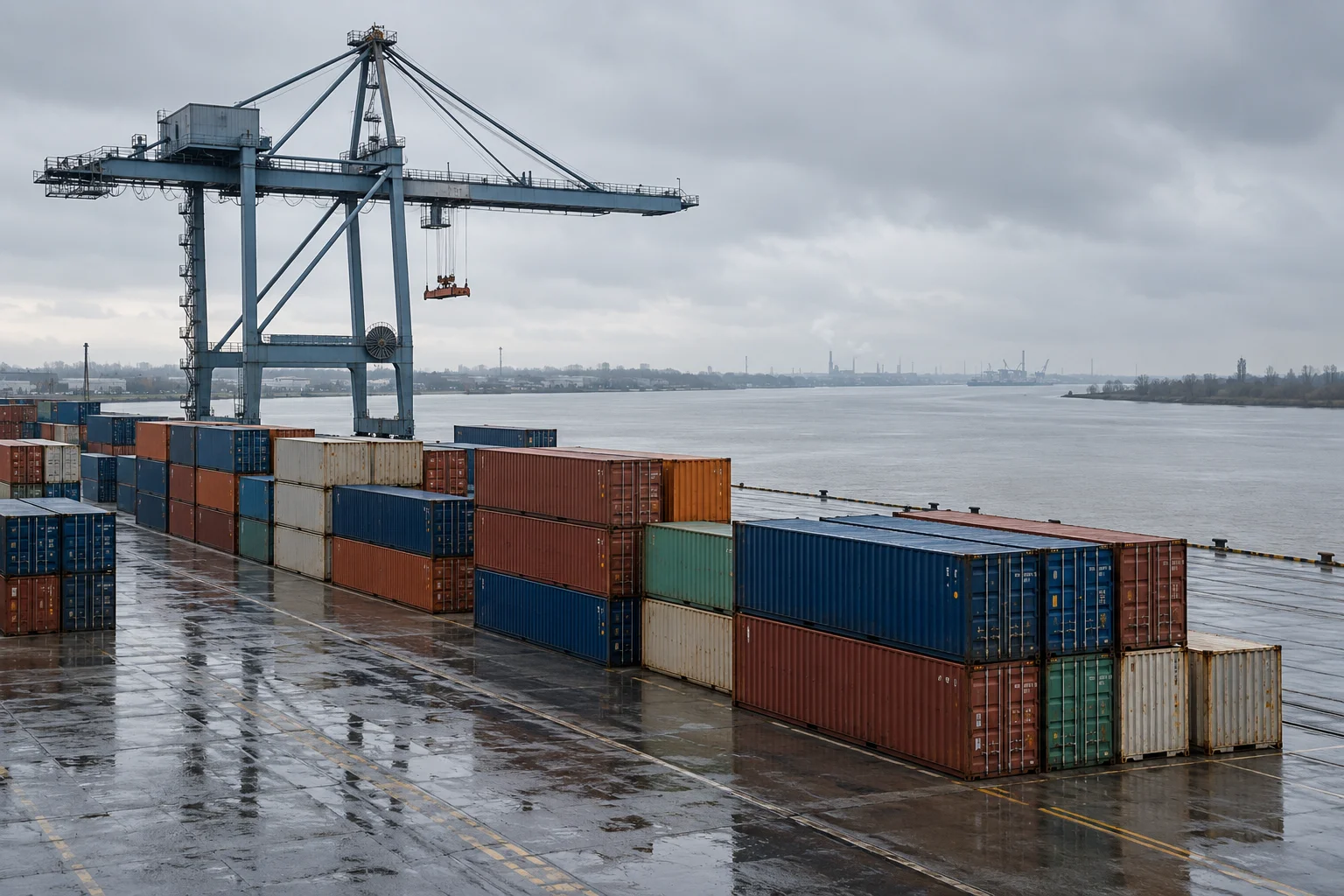 Gestapelte Schiffscontainer an einem Kai im Hamburger Hafen unter grauem Morgenhimmel, darüber ein stillstehender Kran.