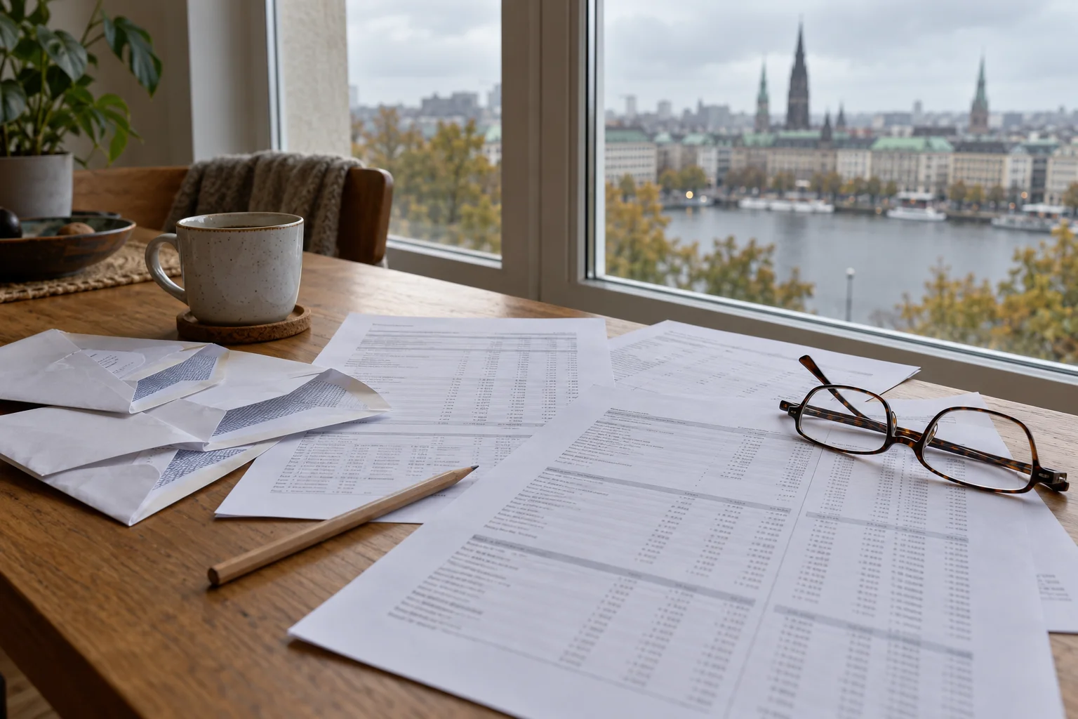 Ein Schreibtisch am Fenster mit mehreren geöffneten Bankumschlägen, ausgedruckten Jahressteuerbescheinigungen und einem Bleistift darauf.