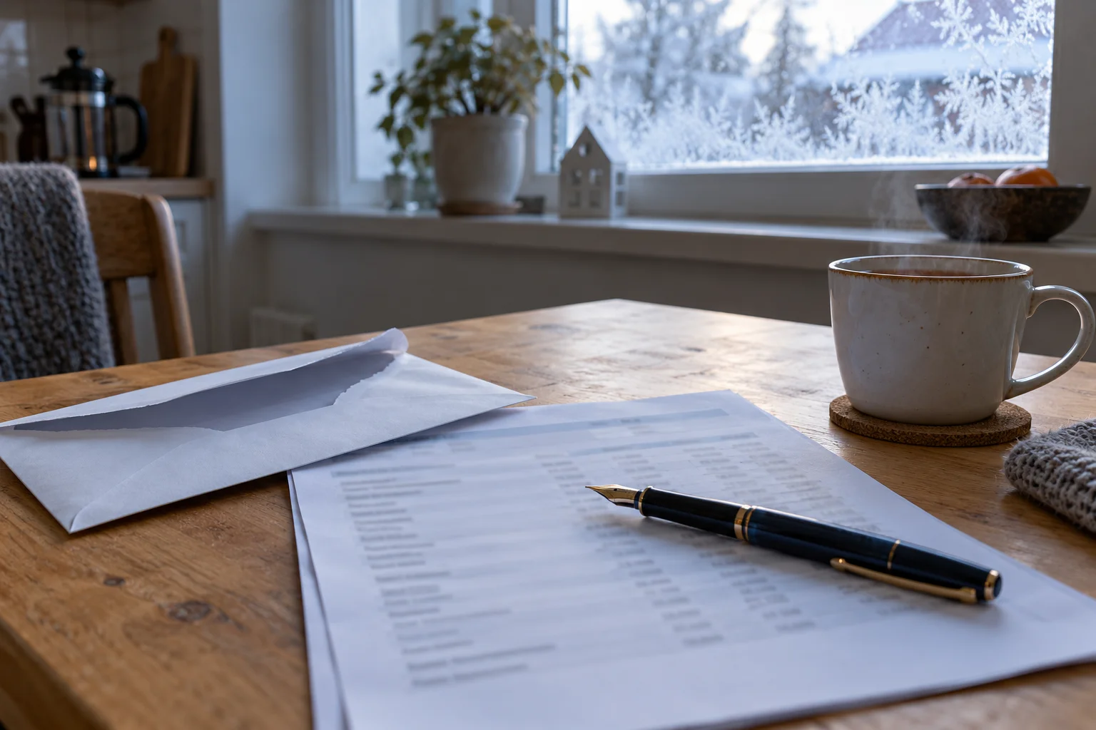 A bank statement and an opened envelope on a kitchen table in January morning light, a fountain pen lying across the page.