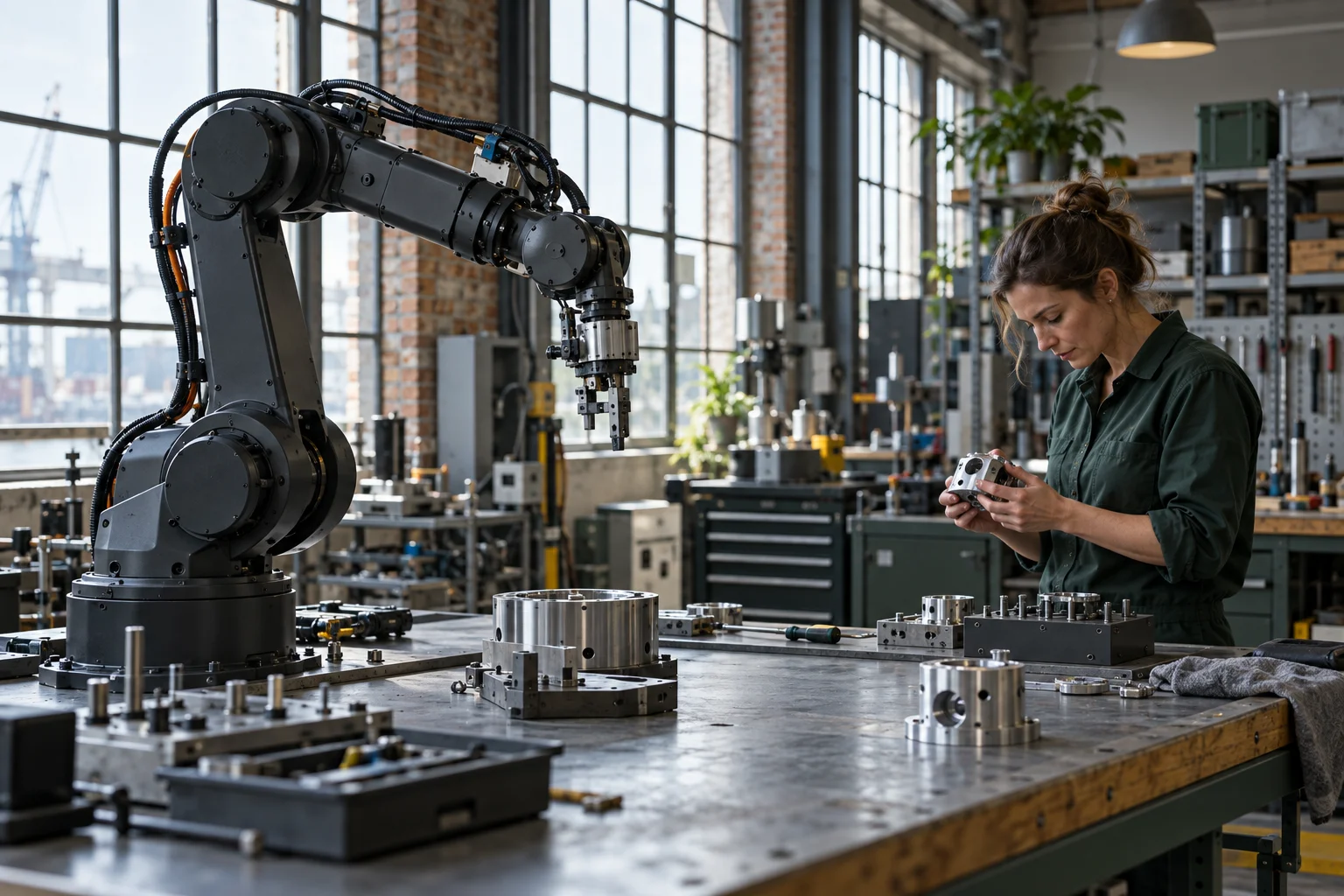 AI-generated robotics workshop with an engineer and a robotic arm.