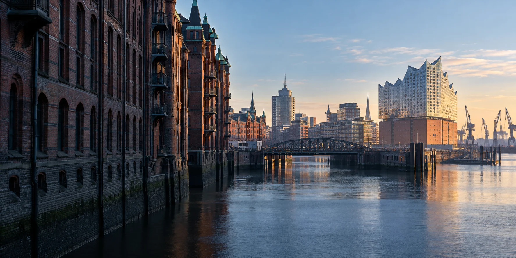 Hamburg-Ansicht mit Speicherstadt, Wasser und Elbphilharmonie.