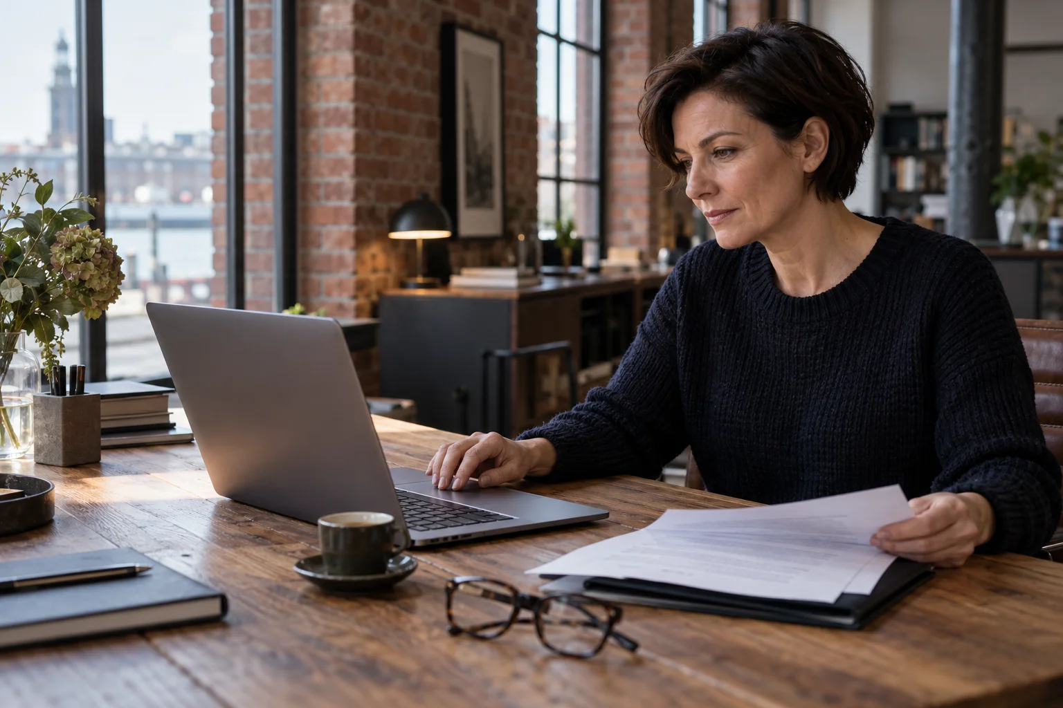 AI-generated scene of an investor comparing a document with her laptop.