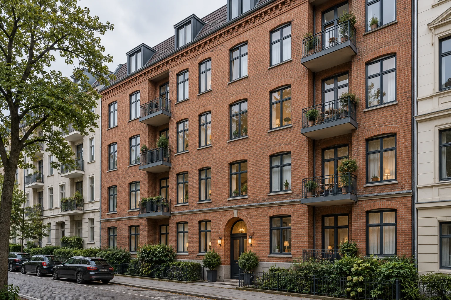 AI-generated brick residential building on a northern German street.