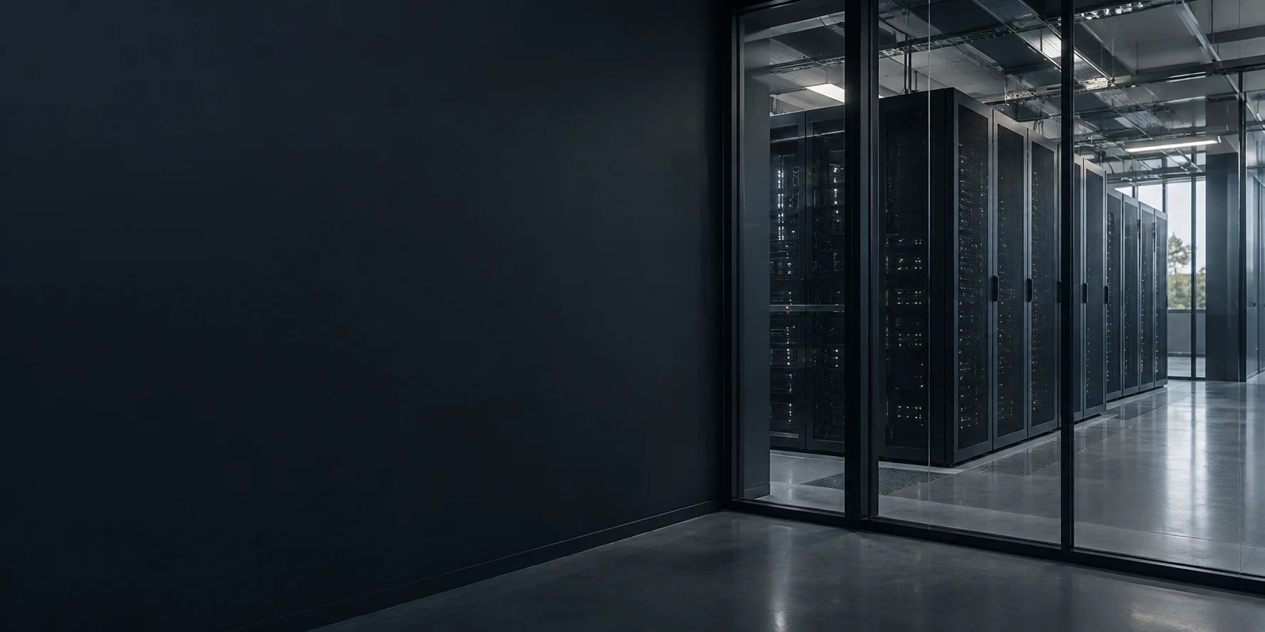 Orderly server racks behind a glass partition in a data centre.